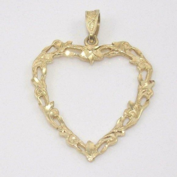 Solid 14K Yellow Gold Diamond Cut Leaf Scroll Heart Pendant